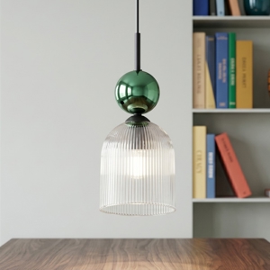 lampada a sospensione vetro ambra rigato sfera verde lucido 